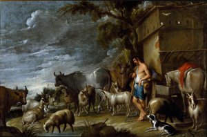 Cornelis De Wael (1592-1667) festménye, 1630-1639 körül. flamand művészet. A tékozló fiú története: a disznók őrzője. Csordatartó disznóval, harangszóval, kecskével, tehénnel, kecskével, lóval, kutyával és juhokkal. Olajfestmény. Mérete: 57x86 cm. Magángyű