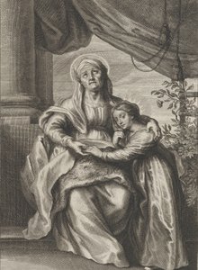 A Szűz nevelése, Szent Annával egy padon ülve, felfelé nézve és ..., kb. 1645-78. alkotó: Cornelis van Caukercken