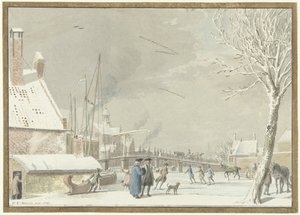 Befagyott városi csatorna korcsolyázókkal alkotó: Cornelis van Noorde