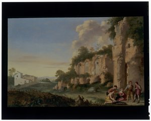 Kártyaélesek a tájban alkotó: Cornelis van Poelenburgh or Poelenburch