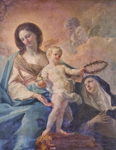 SS Salvatore templom, belső tér, Rózsafüzér oltár, Rózsafüzér Miasszonyunk, Corrado Giaquinto (1703-1766) vászna, részlet, Poggiardo, Lecce, Puglia (fotó) alkotó: Corrado Giaquinto