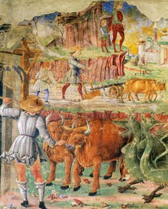 Mezőgazdasági kép, részlet a Ceres diadala, jelenet augusztus hónapból, kb. 1470, Cosimo Turának és Ercole mesterének tulajdonítva, freskó, északi fal, Hónapok terme, Palazzo Schifanoia (Öröm palotája), Ferrara, Emilia- Romagna. Olaszország