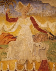Ceres kalászokkal a kezében, részlet a Ceres diadala című filmből, jelenet augusztus hónapjából, kb. 1470, Cosimo Turának és Ercole mesterének tulajdonítva, freskó, északi fal, Hónapok csarnoka, Palazzo Schifanoia, Ferrara, Emilia- Romagna, Olaszország