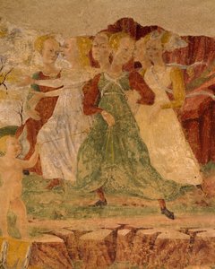 Proserpine szolgálólányainak elkeseredettsége, részlet a Ceres diadala című filmből, augusztusi jelenet, Cosimo Turának és Ercole mesterének tulajdonítva, freskó, északi fal, Hónapok csarnoka, Palazzo Schifanoia (Öröm palotája), Ferrara, Olaszország, 1470 