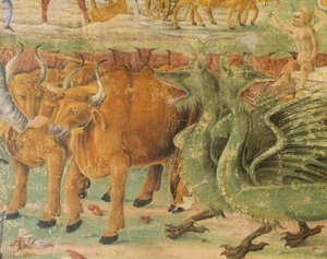 Sárkányok és vidéki életképek, Ceres diadala részlet, augusztus hónap jelenete, Cosimo Turának (körülbelül 1430-1495) és Ercole mesterének tulajdonítva, freskó, északi fal, Hónapok terme, Palazzo Schifanoia (Öröm palotája) , Ferrara, Olaszország, 1470 körü