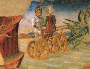 Proserpina megerőszakolása, Ceres diadala részlet, augusztusi jelenet, Cosimo Turának (kb. 1430-1495) és Ercole mesterének tulajdonítva, freskó, északi fal, Hónapok csarnoka, Palazzo Schifanoia (Öröm palotája), Ferrara, Olaszország, 1470 körül