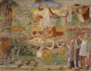 Ceres diadala, augusztus hónap jelenete, Cosimo Turának (körülbelül 1430-1495) és Ercole mesterének tulajdonítva, freskó, északi fal, Hónapok csarnoka, Palazzo Schifanoia (Öröm palotája), Ferrara, Detail, Olaszország, 1470 körül