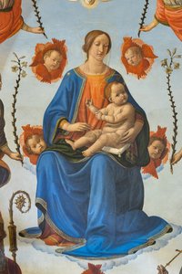 Madonna gyermekével dicsőségben, Szent Ambrus, Assisi Szent Ferenc, Atyaisten és angyalok, Oltárkép, részlet (freskó) alkotó: Cosimo Rosselli