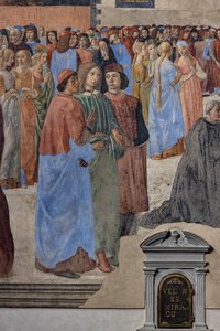 A neoplatonikus humanisták csoportja (balról Marsilio Ficino, Giovanni Pico della Mirandola és Agnolo Poliziano): részlet a Szentség csodájából, freskó (freskó)
