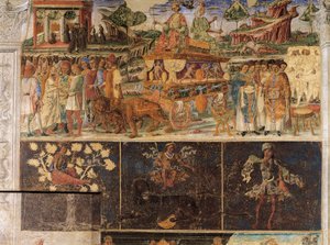 Jupiter és Cybele diadala és Oroszlán jele, jelenetek a július hónapból, freskó, északi fal, Hónapok csarnoka, Palazzo Schifanoia (Öröm palotája), Ferrara, Olaszország, 1470 körül