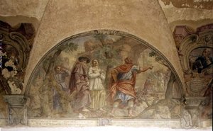 Szent Domonkos megtérít egy eretneket, lunetta a Szent Domonkos életét ábrázoló freskóciklusból, a Szent Domonkos-kolostorban, 1698 körül (freskó). alkotó: Cosimo Ulivelli