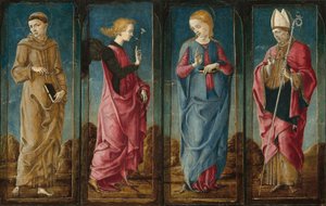 Az Angyali üdvözlet Szent Ferenccel és Toulouse-i Szent Lajossal [négy panel], Kr. e. 14701480. alkotó: Cosmè Tura