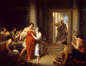 „A görög filozófus, Szókratész (i. e. 470-399) felfedezi a fiatal Alkibiadét (Kr. e. 450-404) egy hetariával (görög prostituálttal)” alkotó: Cosroe Dusi