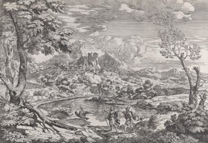 Táj egy emberrel, aki Merkúrt, a Jupiter sasát mutatja, kb. 1695-99.