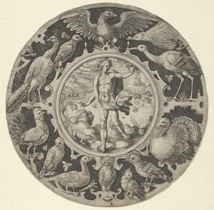 „Aer” dekoratív szegélyben madarakkal, kör alakú minták sorozatából az F...-vel, 1590-1612.