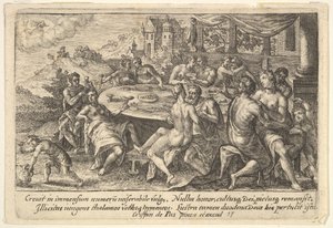 Az özönvíz előtt az emberiség átadja magát a léhaságnak: párok ölelkezése egy ta... körüli padokban, 1612.