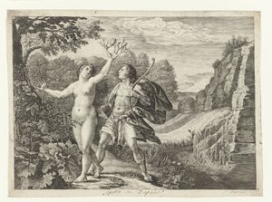 Apollo üldözi Daphnét Ovidius metamorfózisai (sorozat címe) alkotó: Crispijn van de Passe (I)