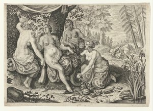 Nimfák töltik be a bőségszarut Ovidius metamorfózisai (sorozat címe) alkotó: Crispijn van de Passe (II) (attributed to)