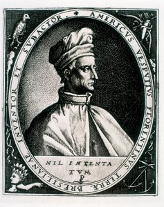 Amerigo Vespucci portréja, "Americus Vesputius Florentinus Bresilian Inventor Subactor földje" felirat (metszet)