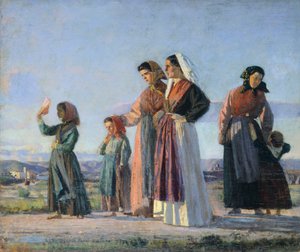 Visszatérés a miséről, 1865 körül, Cristiano Banti (1824-1904), olaj, vászon, 38x46 cm