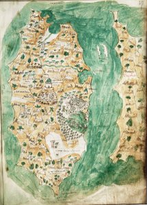 Khios és a szomszédos szárazföld térképe, 1420 körül (pergamen)