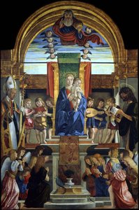Az Atyaistennel trónoló Szűz és Gyermek, valamint Szent Hilarius és Keresztelő János, 1499 alkotó: Cristoforo Caselli