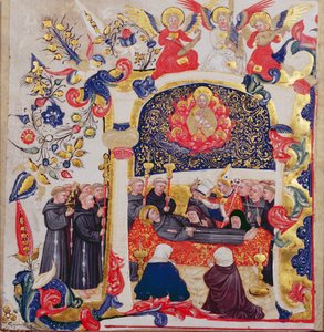 A lakott „A” kezdőbetű, amely Szent Ferenc temetését ábrázolja, 1410 körül