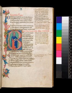 Ms 325. Lucan, Bellum Civile és egyéb művek, f.10r. Világító kezdőbetű [B], teljes alakos szerzői portré lakja, részleges lombszegélybe nyúlik, 1400-10 körül (pergamen)