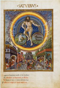 Szaturnusz a vízöntő és a bak csillagjegyeivel. A játék jelenetei és hatása a férfiakra. (miniatűr, 1470 körül)
