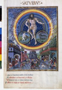 Szaturnusz a vízöntő és a bak állatöv jegyeivel. Lent a játékjelenetek és a férfiakra gyakorolt hatása. Miniatűr Cristoforo de Predis (v. 1440-v. 1486) - a „” De Sphaera””” d