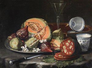 ""Csendélet"" (Csendélet) Dinnye, kolbász, füge és kínai porcelán Cristoforo Monari (Munari) festménye (1667-1720), - Olaj, vászon, 44x56 - Fondation Custodia