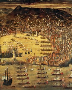 Genova és kikötőjének kilátása, Cristoforo Grassi festménye (1565-1598), Olaszország alkotó: Cristoforo de Grassi