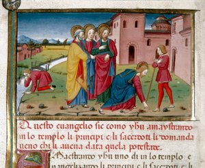 Jézus lát egy születéstől fogva vak embert. Cristoforo De Predis (1440-1486) miniatúrája az Újszövetség története (7. köv.) után alkotó: Cristoforo De Predis