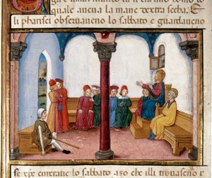 Jézus az Újszövetség története (81. köv.) után Cristoforo De Predis (1440-1486) szárazkézi miniatűrjével harcolja a férfit. alkotó: Cristoforo De Predis
