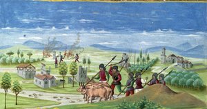 Folytatás a háború alatt. részlet a „” Nap befolyása „”: A háború. Miniatűr, amelyet Cristoforo de Predis (1440-1486) készített – a „” De Sphaera””” d