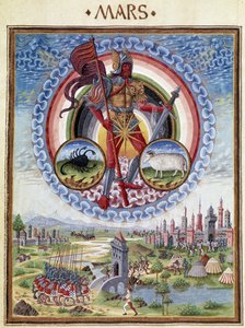 A Mars a skorpió és a hívő állatöv jegyeivel. Lent a csatajelenetek. Miniatűr, amelyet Cristoforo de Predis (1440-1486) készített – a „” De Sphaera””” d