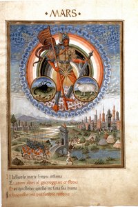 A Mars a skorpió és a hívő csillagjegyekkel. A harci jelenetek. (miniatűr, 1470 körül)