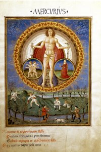 Merkúr a Szűz és a Gemelek állatöv jegyeivel. Földön dolgozó parasztok (miniatűr, 1470 körül)