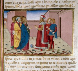 Nikodéma, a farizeus meglátogatja Jézus miniatűrjét, Cristoforo De Predis (1440-1486) az Újszövetség története után (58. köv.) alkotó: Cristoforo De Predis