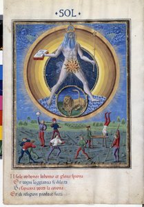 Nap az oroszlán csillagjegyével. Lent férfi fizikai gyakorlatok jelenetei vannak. Miniatűr, amelyet Cristoforo de Predis (1440-1486) készített – a „” De Sphaera””” d