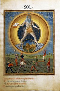 Nap az oroszlán csillagjegyével. Férfi fizikai gyakorlatok jelenetei. (miniatűr, 1470 körül) alkotó: Cristoforo De Predis