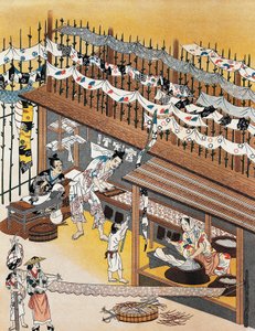 Kézművesek munkában, szitanyomás festés, Edo-korszak (1600-1868) alkotó: Culture Edo
