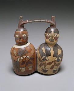 Dupla kifolyós hevederes fogantyús edény: két figura, Közép-Nazca, AD 100-150 (kerámia, csúszással)
