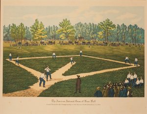 Az American National Game of Base Ball, 1866 körül. alkotó: Currier and Ives.
