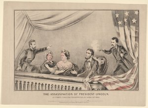 Lincoln elnök meggyilkolása a Fords Theatre-ben, Washington D.C.-ben, 1865. április 14-én. alkotó: Currier and Ives