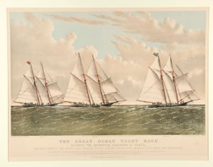 A Great Ocean Yacht verseny a Henrietta, a Fleetwing és a Vesta között alkotó: Currier and Ives