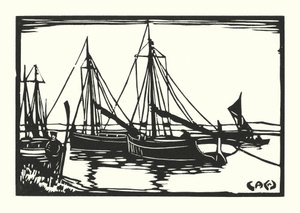 Halászhajók és uszályok: Leigh Bawleys (fametszet) alkotó: Cyril A. Wilkinson