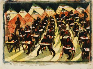 A vizsgaterem, c. 1934 (vékony Japánra színes linómetszet)