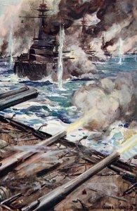 „A csatahajók flottája, amely széles oldalról tüzel”, illusztráció az 1916-ban kiadott „Told in the Huts: The YMCA Gift Book” című könyvből alkotó: Cyrus Cuneo