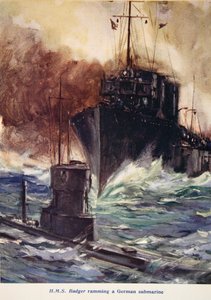 "HMS Borz döngöl egy német tengeralattjárót", illusztráció a "Told in the Huts: The YMCA Gift Book" című könyvből, 1916-ban